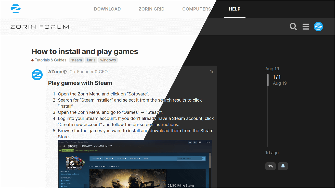 Light and Dark theme on the Zorin Forum